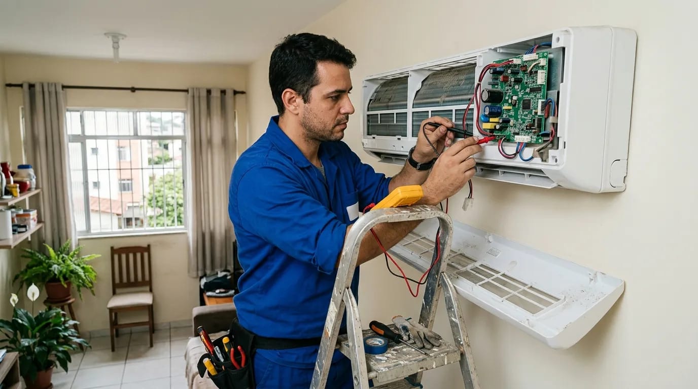 Eletricista ligando a placa do ar-condicionado split em Contagem‑MG
